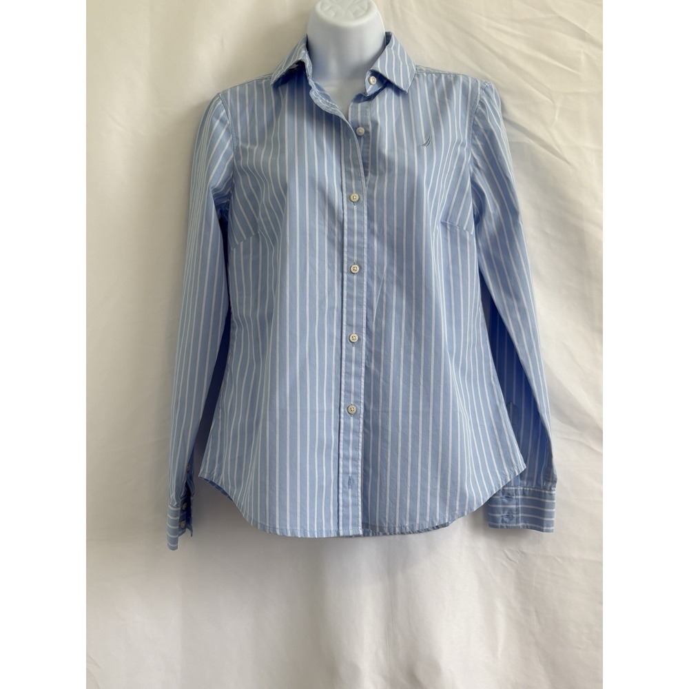 Nautica Blue White Striped 100% Cotton Woven Button Up Collared Blouse S No Iron